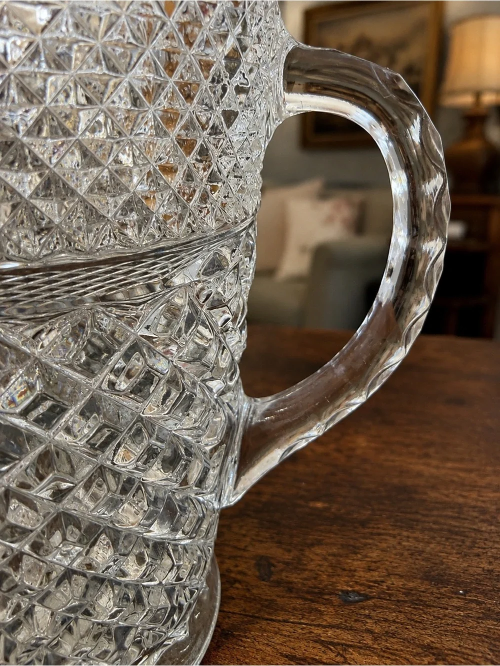 Vintage Clear Pressed Glass Diamond Point Water Pitcher Starburst Base 9”